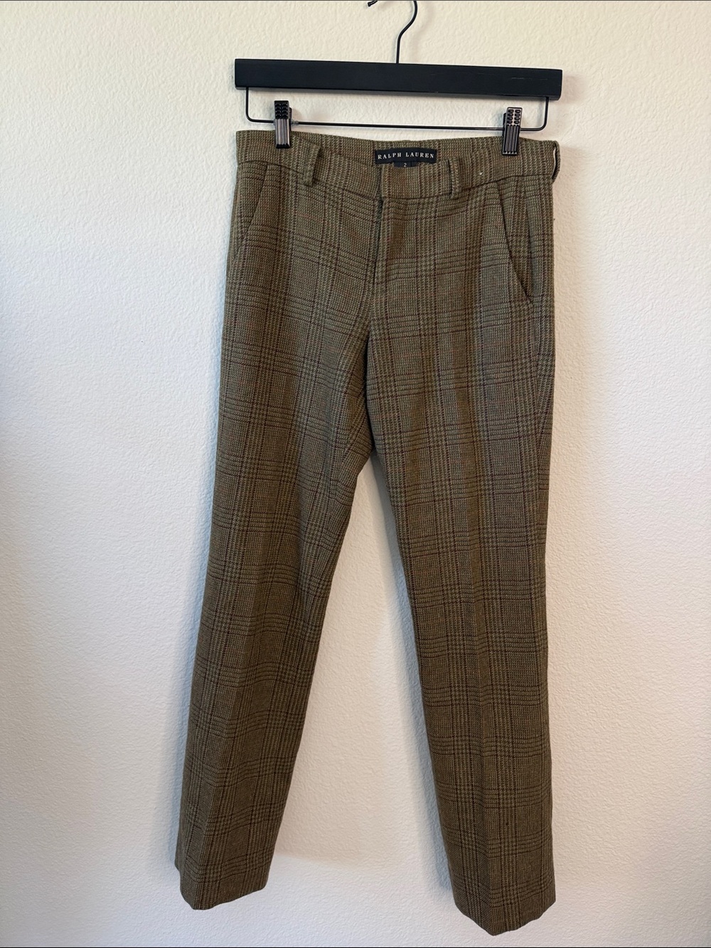 Ralph Lauren Wool Glen Plaid Trousers Olive Brown Size 2